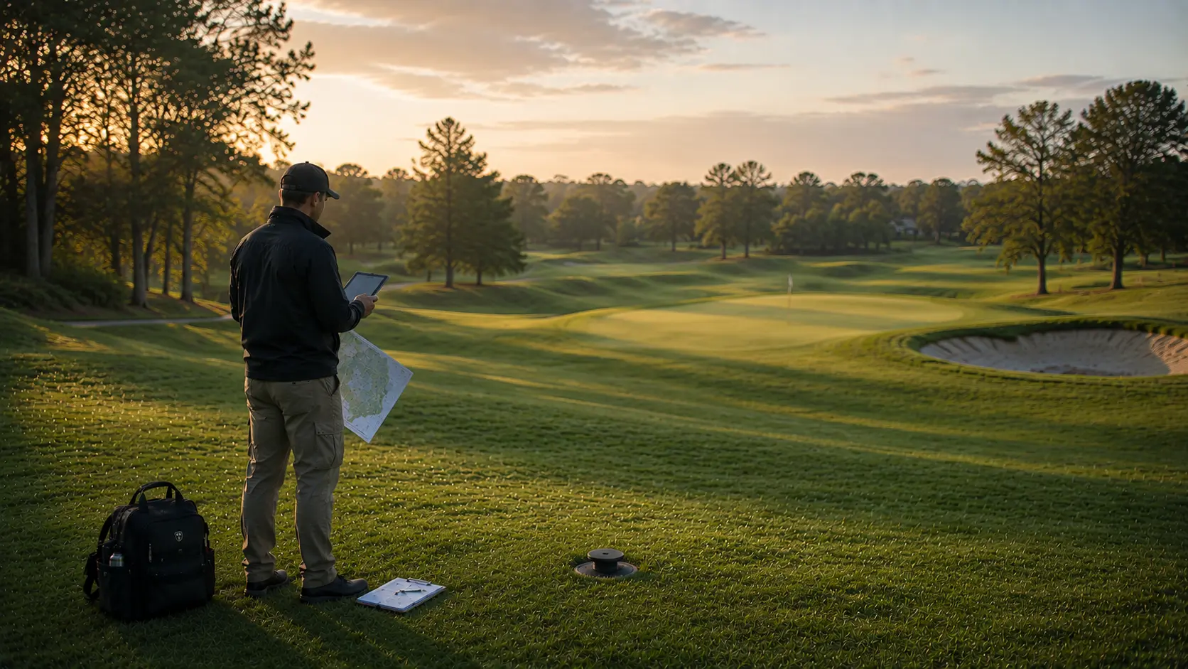 Greenkeeper surveying a golf hole with a tablet and course map at dusk