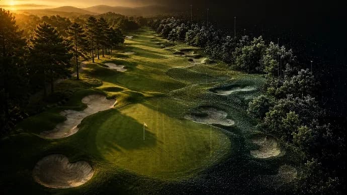 Golf hole rendered with a LiDAR point-cloud overlay at dusk